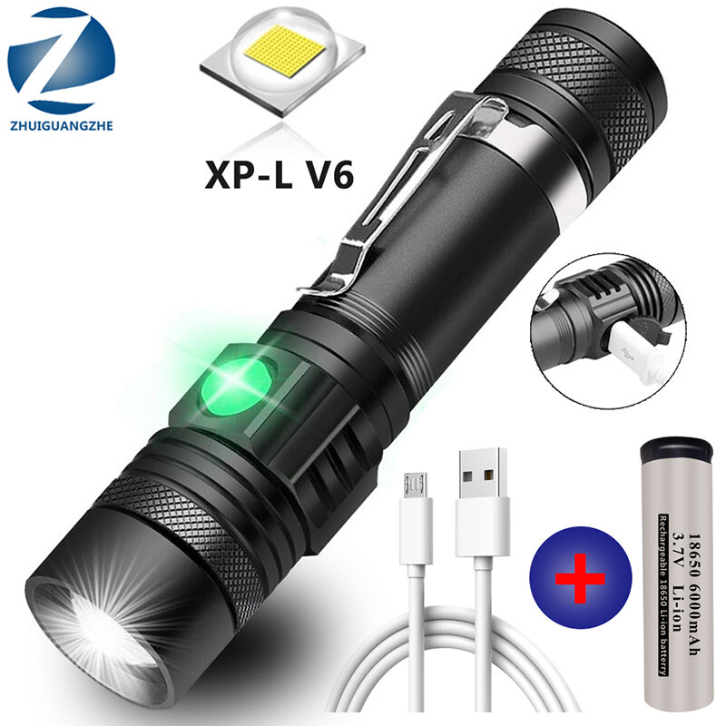 Ultra luminoso T6/L2/V6 ha condotto la torcia elettrica XP-L ha condotto la lampada borda la torcia impermeabile Zoomable 4 modalità di illuminazione 18650 ricarica USB della batteria