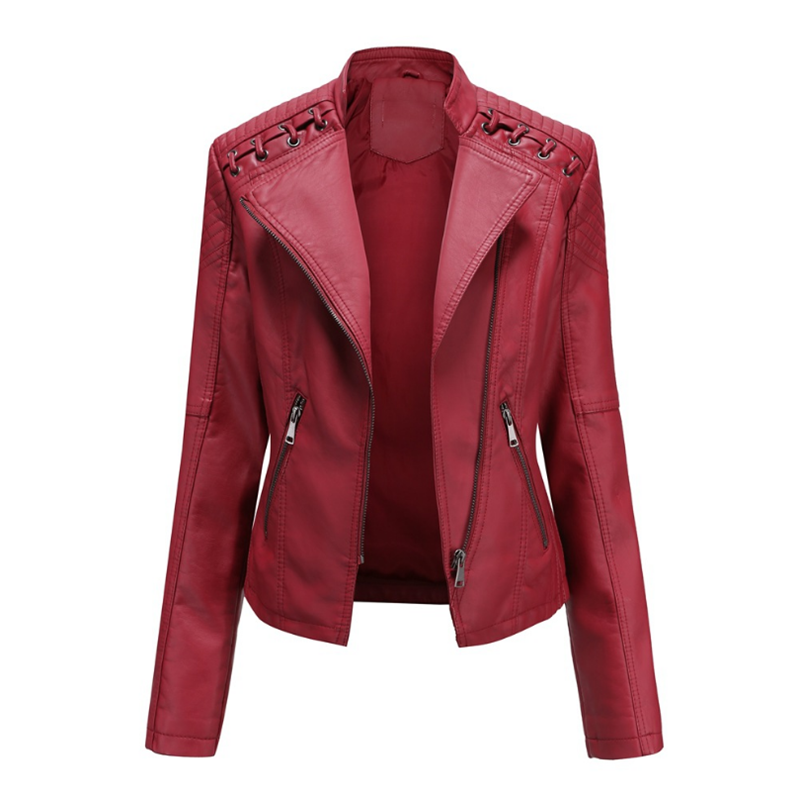 Jaket Kulit Imitasi PU Kerah Putar Ke Bawah 2023 Baru Jaket Mewah Wanita Mantel Pengendara Sepeda Motor Hitam Merah Muda Merah