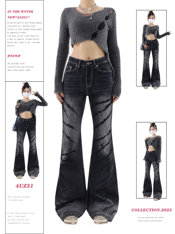 Fashion Micro Flared Jeans Y2K Streetwear Style Vintage Wash Loose Casual High Waist Straight Leg Jeans