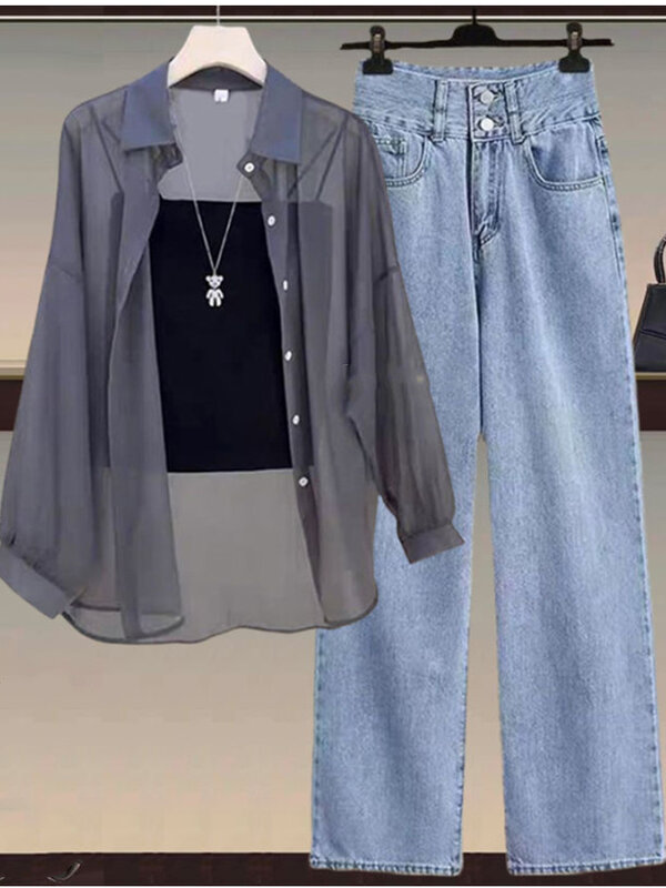 Sommer vielseitiges Damen-Set 2024 neues sonnen festes Hemd oberteil gepaart mit Hosenträger-Schlankheit jeans dreiteiliges Set
