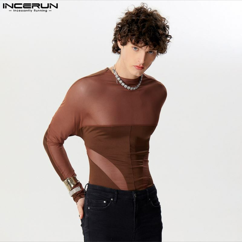 INCERUN 2024 Sexy New Men Jumpsuits Thin See-through Mesh Deconstruction Design Splicing Long Sleeved Triangular Bodysuits S-3XL