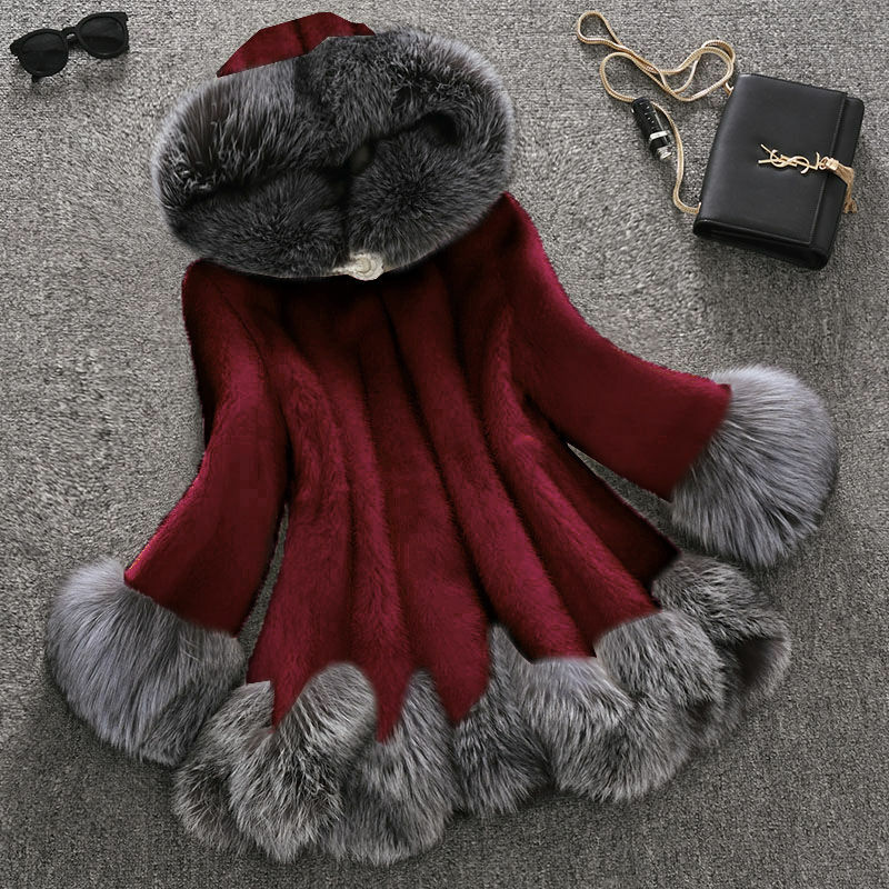 女性のためのキツネの毛皮のコート,フード付きジャケット,クリスマスドレス,秋冬