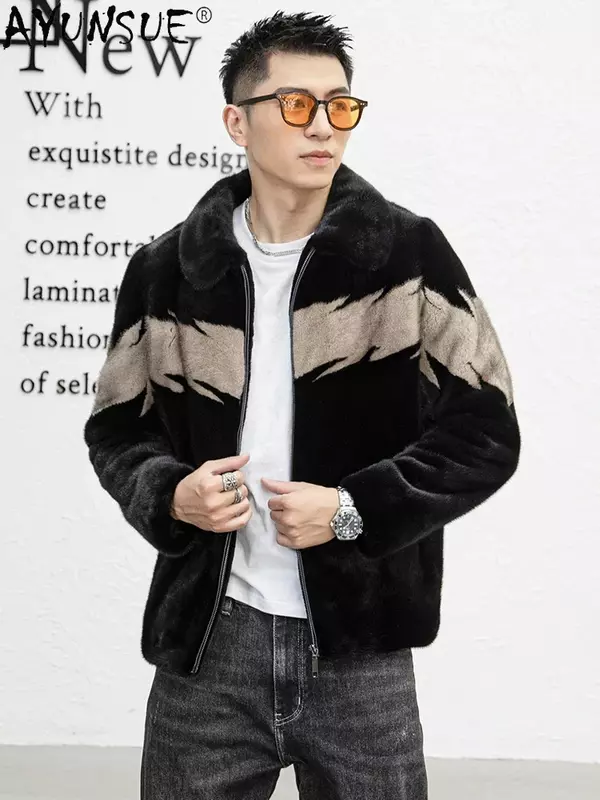 AYUNSUE-Casaco de pele de vison masculino, jaqueta de pele real, gola virada para baixo, moda natural, qualidade superior, inverno