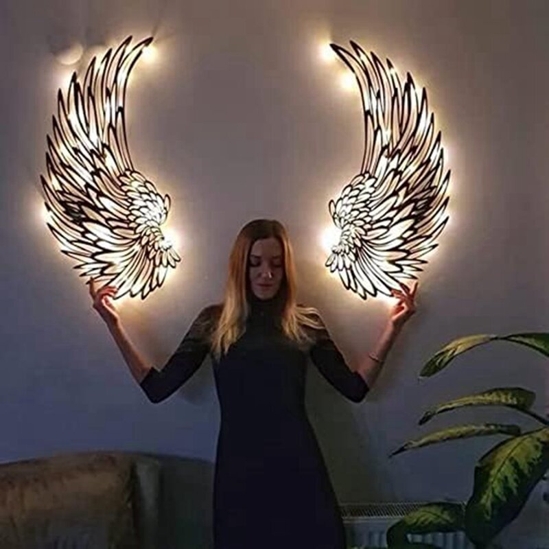 Decoración de pared de ala de Ángel de hierro, escultura de pared de ala de Ángel LED, arte de ala brillante, colgante de pared para interiores y exteriores