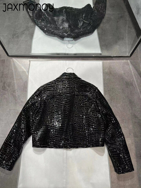 Jaxmonoy-Jaqueta de couro real feminina, padrão crocodilo, casaco de couro genuíno, casaco vintage preto, primavera e outono, 2023