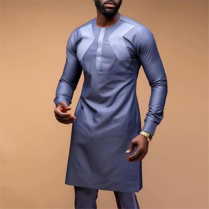 Afrikaanse Heren Pak Effen Kleur Patchwork Shirt Casual Broek 2-delige Set Bruiloft Business Elementen Moslim