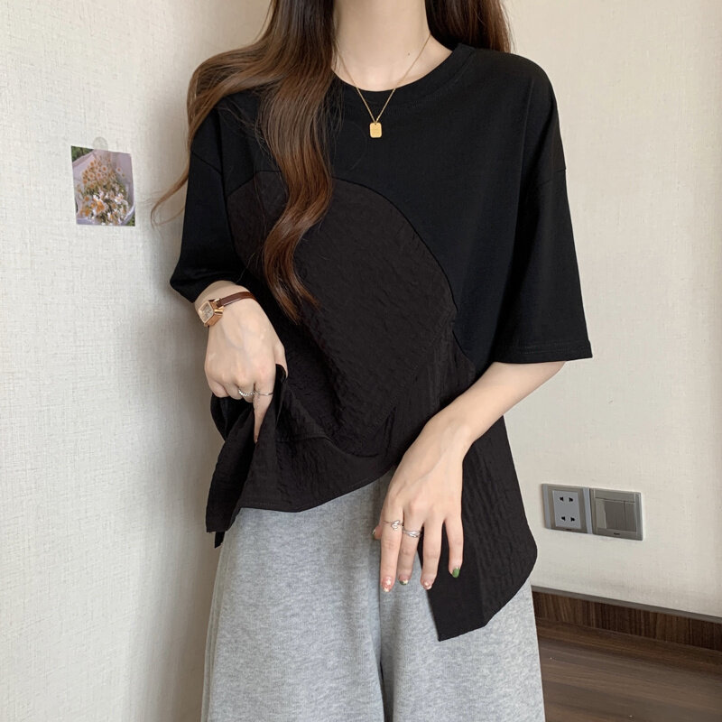 Женская одежда, модная Асимметричная футболка, асимметричные летние корейские однотонные Повседневные пуловеры с коротким рукавом и круглым вырезом