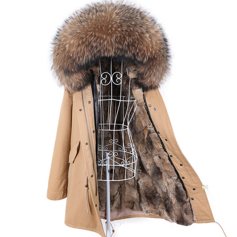 Maomaokong 2022 destacável pele de coelho forro com capuz jaqueta mulher casacos de inverno gola de raposa natural real pele parka roupas femininas