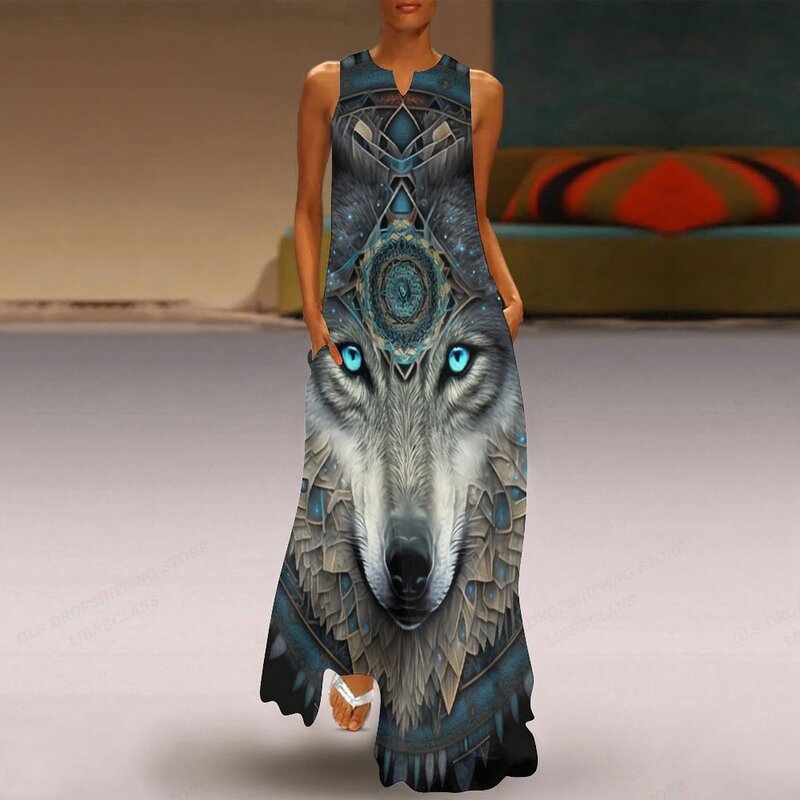 Wolf Print Dress Women Fashion Party Evening Dresses Maxi Long Dress Animal Robes Casual Loose Vestidos Women's Dresses Luxury