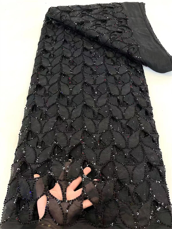 Tecido de renda de cordão guipure com lantejoulas, africano, nigeriano, preto, mulheres elegantes vestidos materiais, alta qualidade, 2024