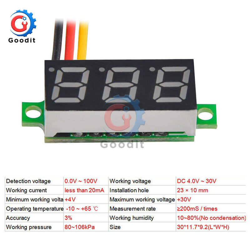 0.28 Inch Dc Led Digitale Voltmeter 0-100V Voltage Meter Auto Mobiele Voltage Tester Detector 12V Rood Groen Blauw Geel