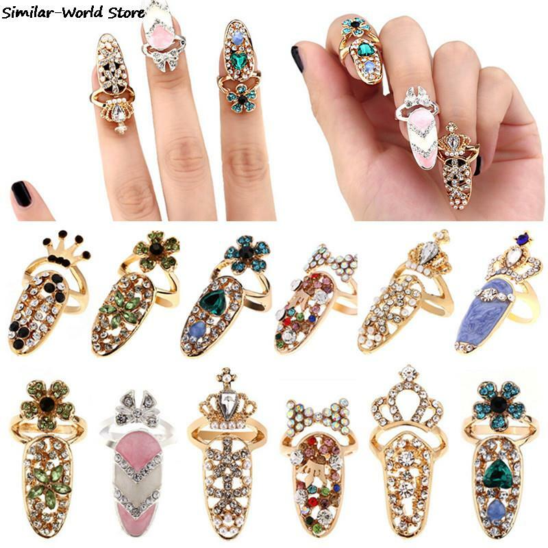 Jimat Bunga Wanita Berlian Imitasi Perlindungan Kuku Mode Perhiasan Ikatan Simpul Mahkota Cincin Kuku Kristal Jari Cincin Kuku untuk Wanita