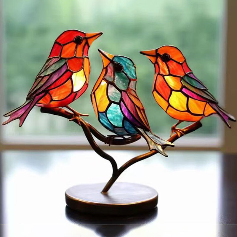 Oiseaux en acrylique teintés sur branche, ornements de bureau, double face, style multicolore, statue artisanale