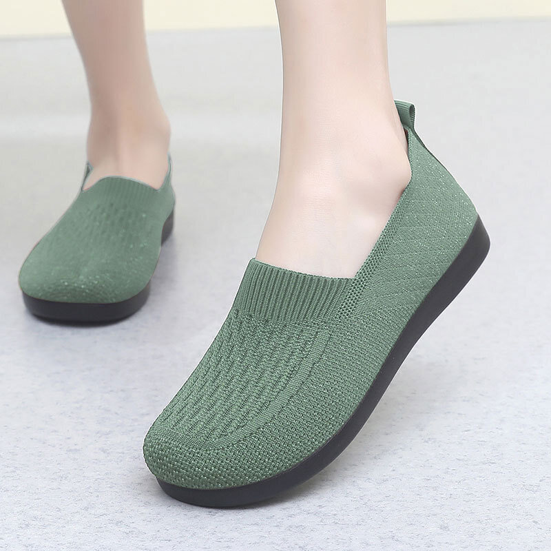 Sepatu pantofel rajut wanita, sepatu Mules hijau datar nyaman untuk kerja, sepatu balet ujung lebar polos ringan bersirkulasi