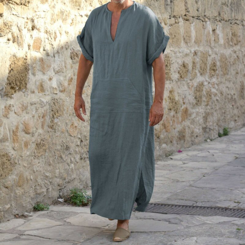 Men Robes Kaftan Muslim Arab Islamic V-Neck Short Sleeve Solid Cottonthobe Vintage Loungewear Muslim Kaftan Arabia Man Abaya