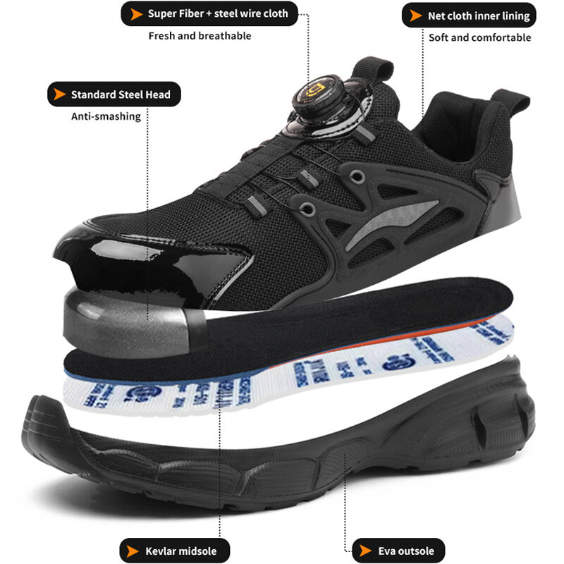 Chaussures de sécurité légères en acier avec boutons rotatifs, baskets anti-écrasement, anti-crevaison, protection, travail, Parker, nouveau