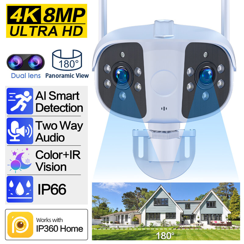 New Outdoor 4K 8MP 180° Ultra Wide View Angle Panoramic WIFI Dual Lens Fixed IP Camera AI Human Detection Security Camera