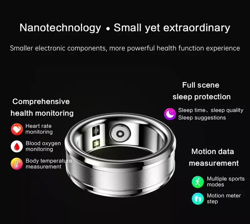 Smart Ring anello di monitoraggio della salute con guscio in acciaio al titanio Smart uomo donna anello di moda per la temperatura corporea modalità Multi-sport impermeabile