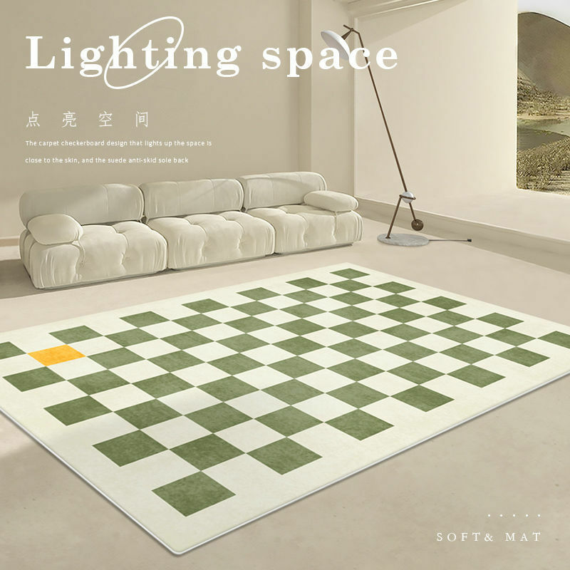 Karpet gaya Nordic untuk ruang tamu Modern geometris dekorasi kamar tidur karpet berbulu lembut hijau tikar lantai karpet kotak-kotak rumah