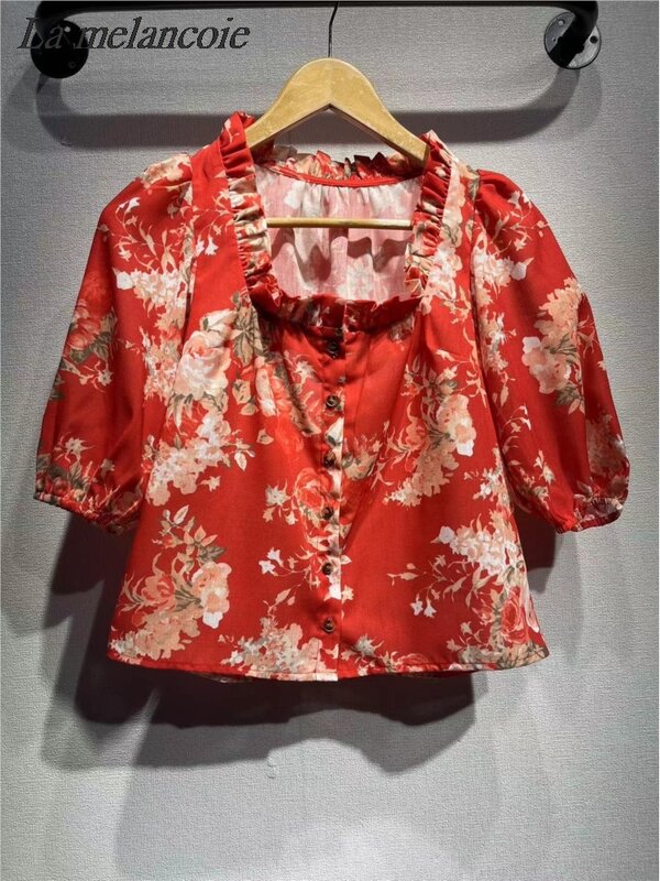 Rood Shirt Met Bloemenprint Voor Dames Zomer 2024 Nieuwe Franse Ruche Overhemden Met Vierkante Hals En Bubble Mouw Mode Elegante Blouse Tops