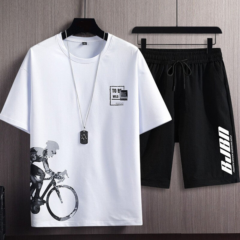 Спортивный костюм мужской из футболки и шортов, однотонный комплект из 2 предметов, повседневная одежда для отдыха с короткими рукавами, лето