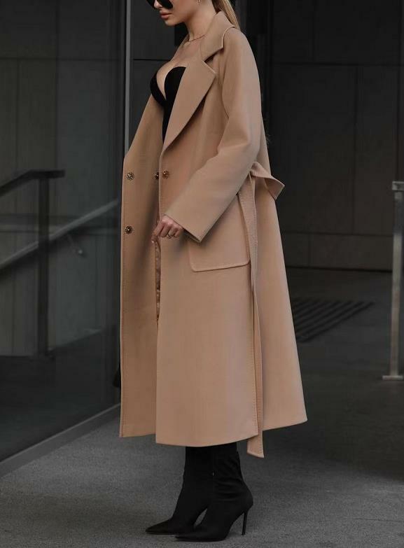 Женское шерстяное пальто средней длины, с длинным рукавом и карманами