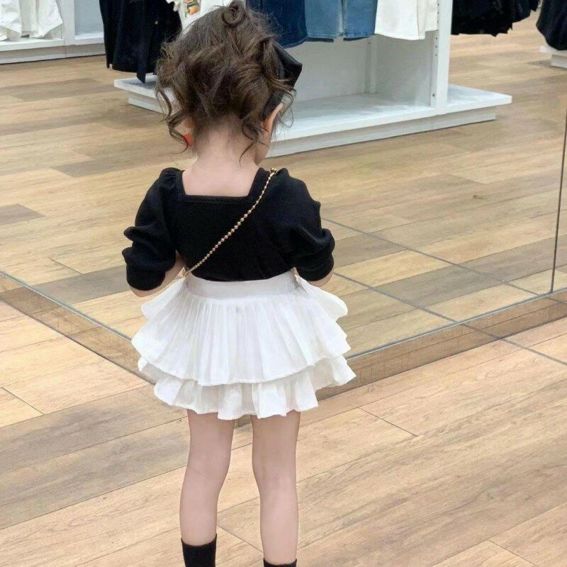Детский хлопковый костюм с юбкой, черная футболка и белая юбка, корейский стиль, лето 2023
