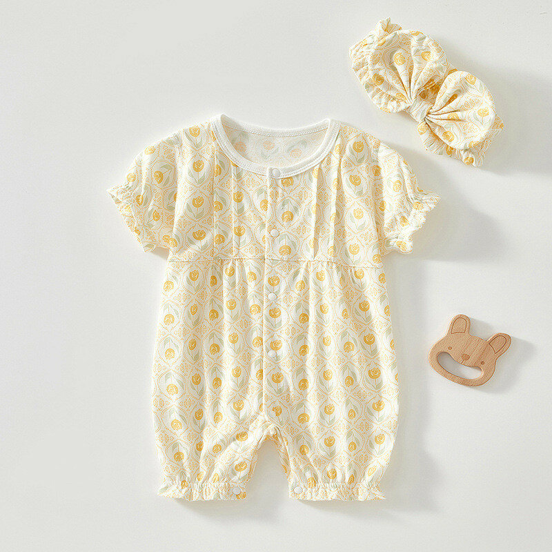 Macacão de verão para bebê, manga curta, fino, com faixa de cabelo, pijama, roupa recém-nascida