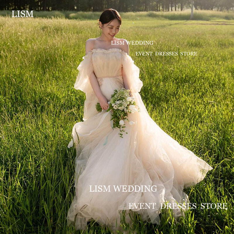 LISM сказочные корейские свадебные платья с открытыми плечами сердечком с пышными рукавами трапециевидной длины в пол фотосессия