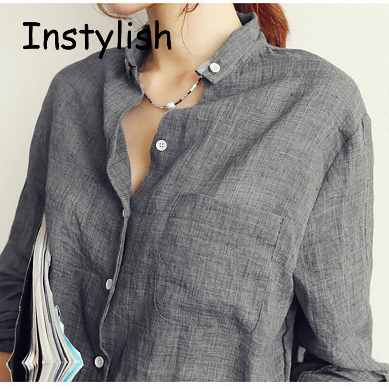 Blusa de algodón y lino para mujer, camisa de manga larga holgada informal, Estilo Vintage, coreano, Harjauku, 2022