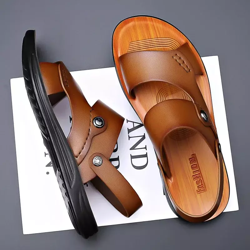 Sandálias clássicas de couro genuíno masculinas, chinelos de praia ao ar livre, sapatos novos 2024