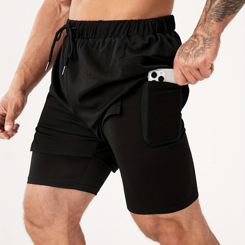 Men's Gym Sports Shorts Summer 2-in-1 Running Double Layer Shorts Quick Dry Breathable Jogging Training Fitness Clothing Shorts