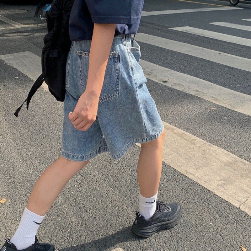 Celana pendek Denim wanita, celana pendek Denim wanita kaki lebar Vintage gaya Jepang musim panas pinggang tinggi santai Chic uniseks sederhana longgar Streetwear BF