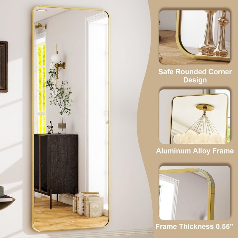 Espejo de longitud completa redondeado con marco de aluminio, espejo de suelo dorado con soporte para sala de estar, espejos de guardarropa de 59 "x 16"