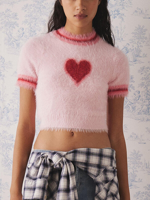 Blusa de felpa para mujer adorable manga corta en forma de corazón Rosa estampado Camiseta corta blusa suave delgada Y2K