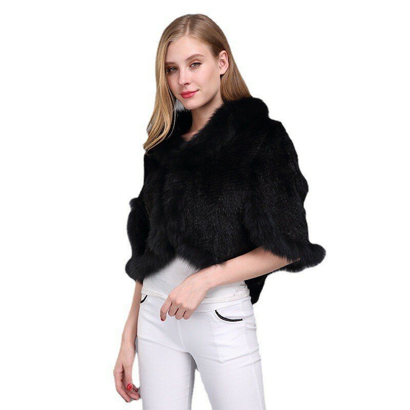 Women Natural Mink Fur Shawl Jacket Lady Knitted Mink Fur Scarf Shawl Lady Real Mink Fur And Fox Fur Collar Poncho Shawl Coat