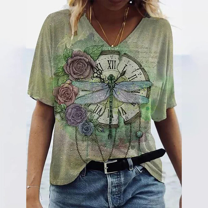 Summer Rose Graphics Women's T-shirts Tops V Neck Fashion Female Clothing Floral Print Tees Loose Oversized T Shirts Streetwear
