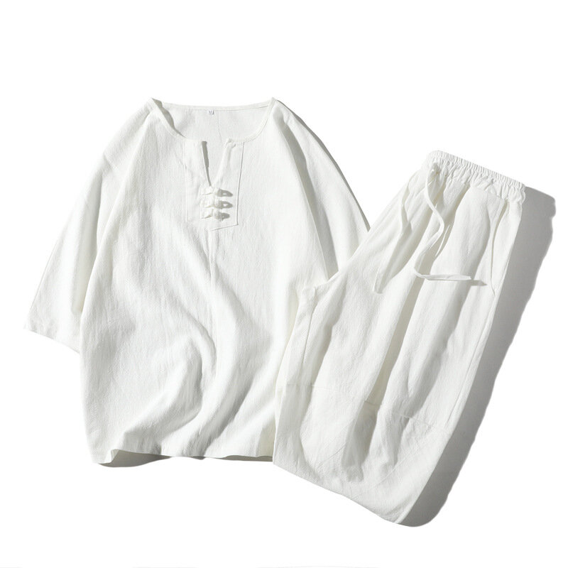 Estilo japonês quimono calças de manga curta camisa de duas peças dos homens topos calças ternos masculino japão harajuku yukata cardigan traje