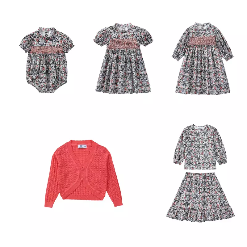 AP Coral Collection SS24-vestido fruncido para niñas, pelele para bebés, conjunto de ropa a juego para la familia, cárdigan de punto para niños, #6602
