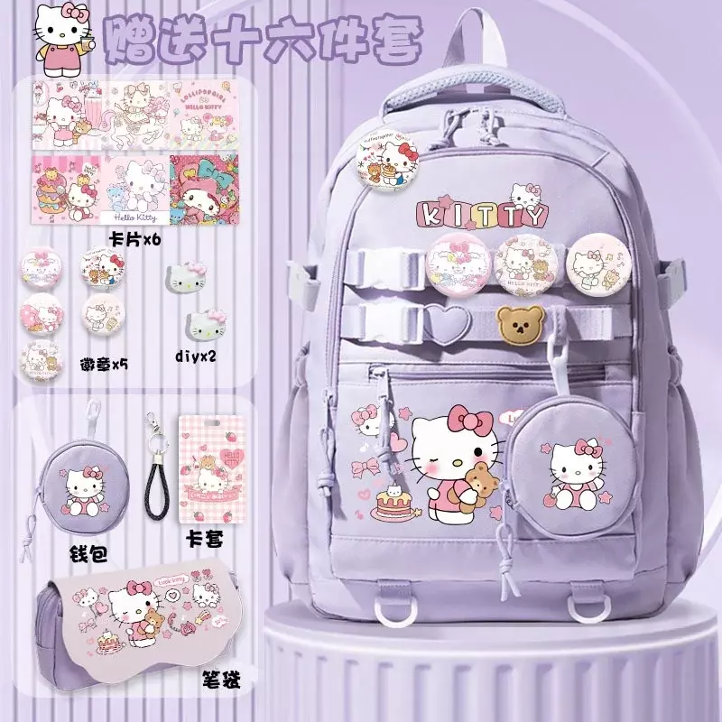 Bolsa escolar Sanrio Hello Kitty, desenho animado bonito, grande capacidade, leve, almofada de ombro, mochila universitária masculina e feminina, nova