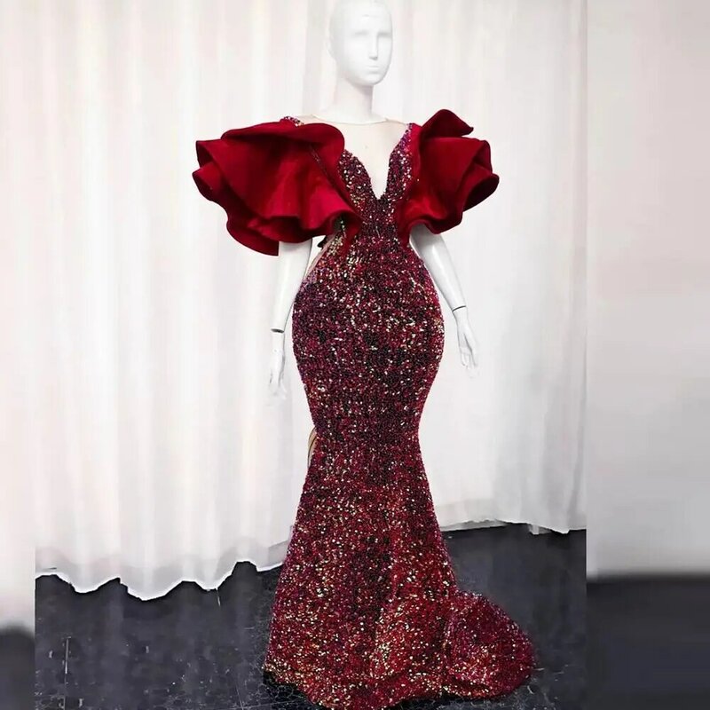 Glitter Pailletten Meerjungfrau Abendkleider Elegante 2023 Rüschen Puffy Sleeves Sheer Neck Frauen Südafrika Prom Kleid Robe De Soirée