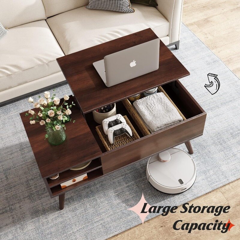 WLIVE Lift Top Coffee Table for Living Room,Small Coffee Table with Storage,Hidden Compartment and Adjustable Shelf