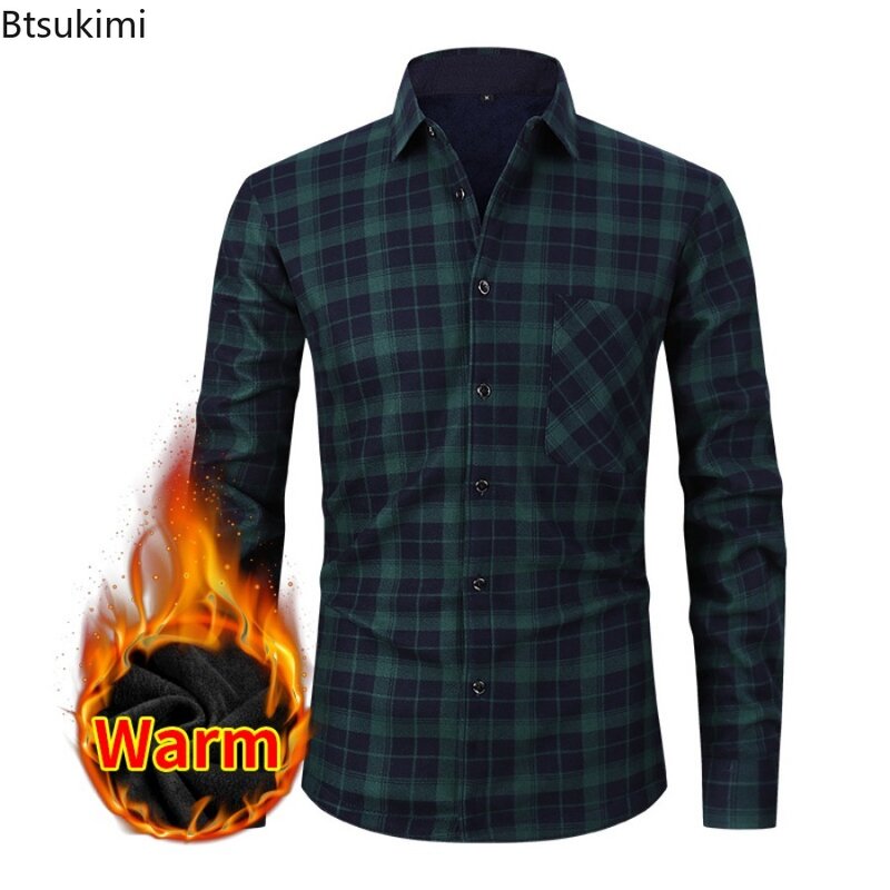 2024 Men's Casual Warm Shirts Cardigan Jackets Autumn Winter Fleece Warm Long Sleeve Plaid Shirts Slim Fit Loose Shirts for Men