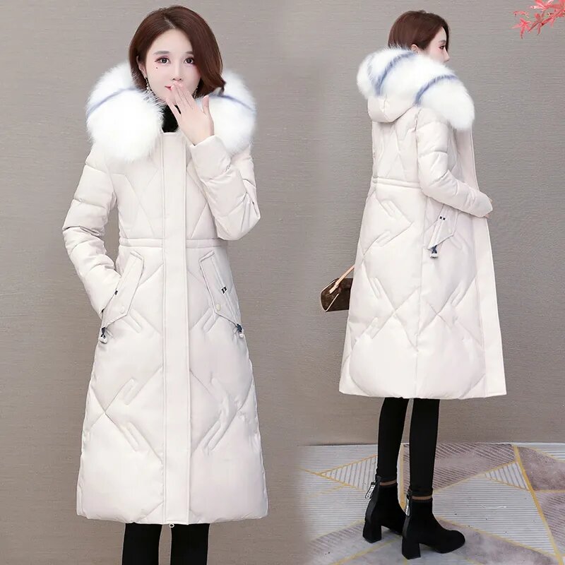 여성용 모피 칼라 후드 재킷, 롱 다운 코튼 오버코트, 캐쥬얼 두껍고 따뜻한 외투 코트, 2023 겨울 신상 패션