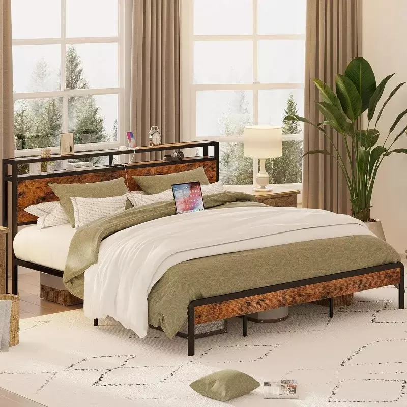 Ramy łóżko King-size IRONCK California, łóżko z pełnymi bokami z zagłówkiem do przechowywania i stacja ładowania, ciężkie metalowe listwy, wolne od hałasu,