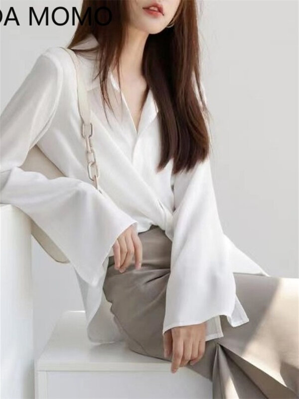 Женская модная блузка с длинным Расклешенным рукавом, элегантные однотонные свободные рубашки, женские осенние повседневные топы, Офисная ...