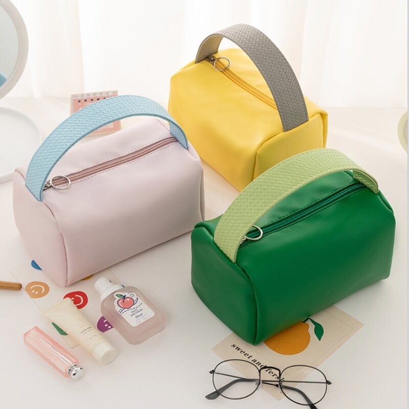 Women Waterproof Cosmetic Bag with Handle PU Candy Colors Travel Makeup Bags Portable Make Up Pouch Toiletry Storage Organizer
