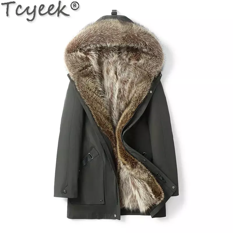 Tcyeek mantel bertudung untuk pria, jaket bulu asli bulu cerpelai Linner pakaian pria kasual setengah panjang