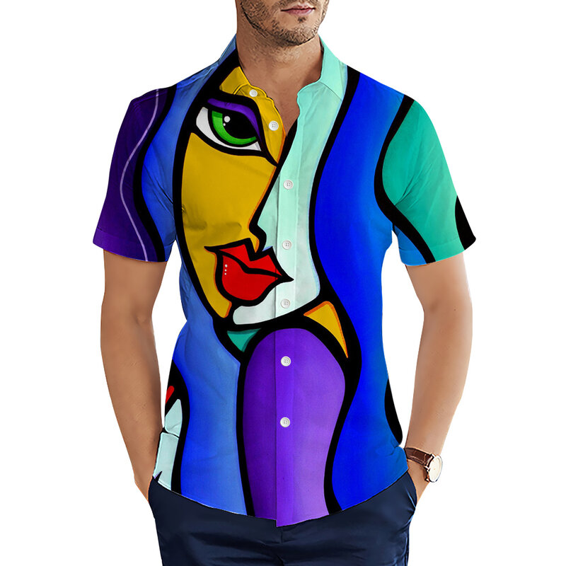 HX Fashion baju pria, baju lengan pendek pria, baju musim panas kasual cetak 3D sambungan seni ilustrasi