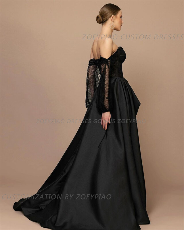 Черные кружевные сексуальные вечерние платья с разрезом для свадьбы, атласные платья с открытыми плечами для выпускного вечера, официальное платье знаменитости, искусственное платье, вечерние платья